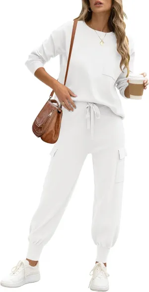 Caracilia Women's Two Piece Outfits Sweater Sets Long Sleeve Knit Tops Matching Cargo Jogger Pants 2024 Fall Lounge Sets