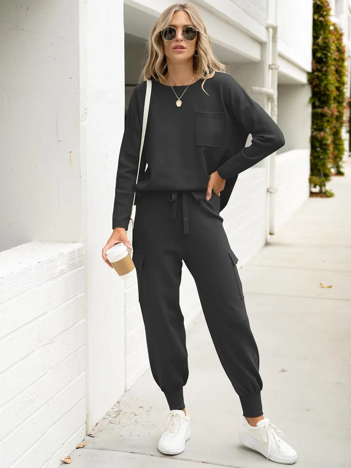 Caracilia Women's Two Piece Outfits Sweater Sets Long Sleeve Knit Tops Matching Cargo Jogger Pants 2024 Fall Lounge Sets
