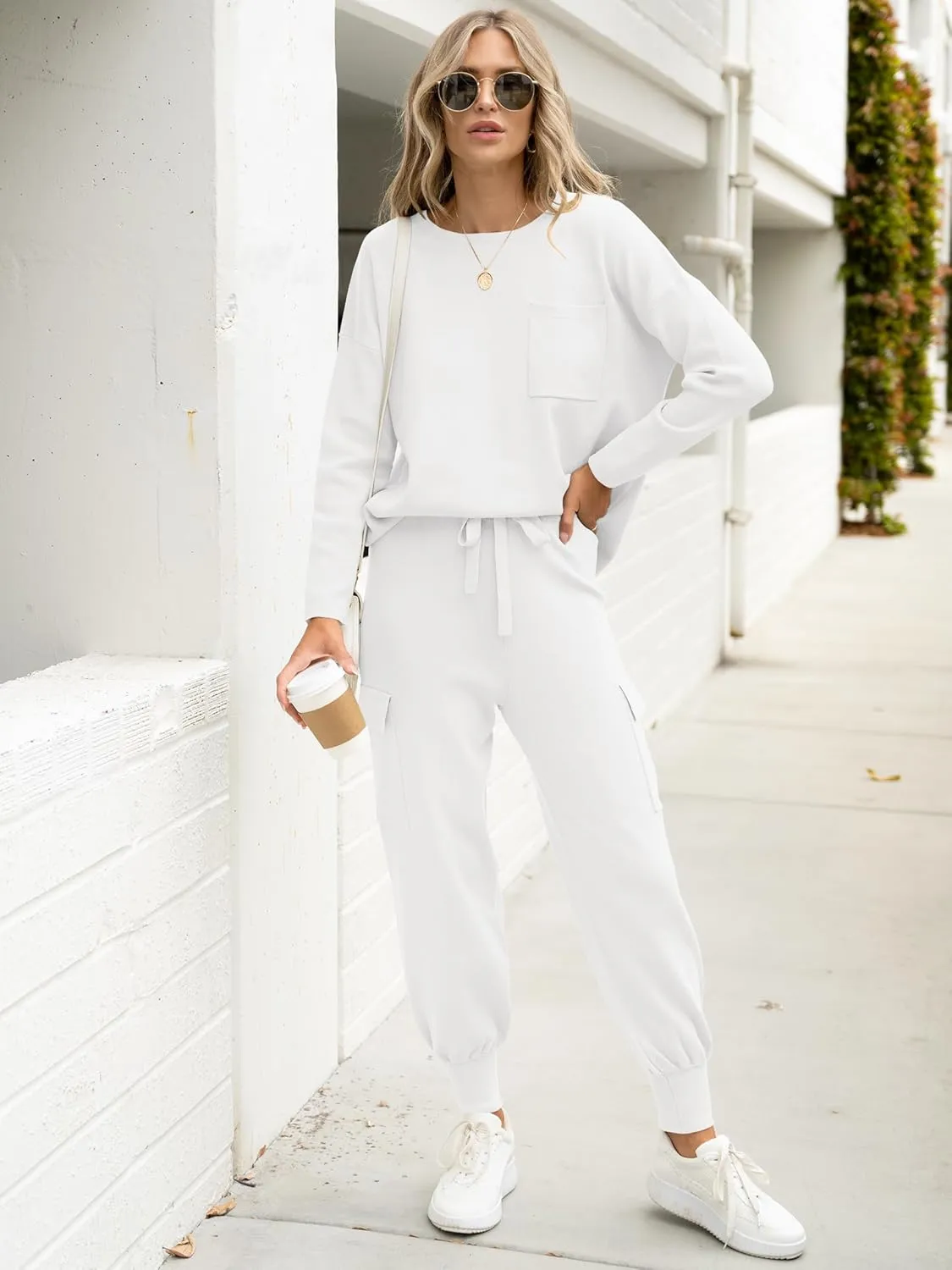 Caracilia Women's Two Piece Outfits Sweater Sets Long Sleeve Knit Tops Matching Cargo Jogger Pants 2024 Fall Lounge Sets