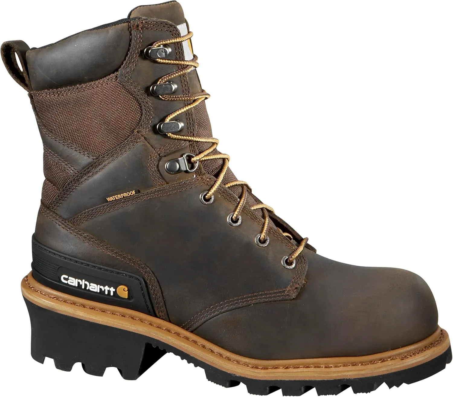 Carhartt 8” Waterproof Leather Logger Boot – Composite Toe Work Boots for Men with Goodyear Welt, Slip-Resistant Outsole, EH Rated