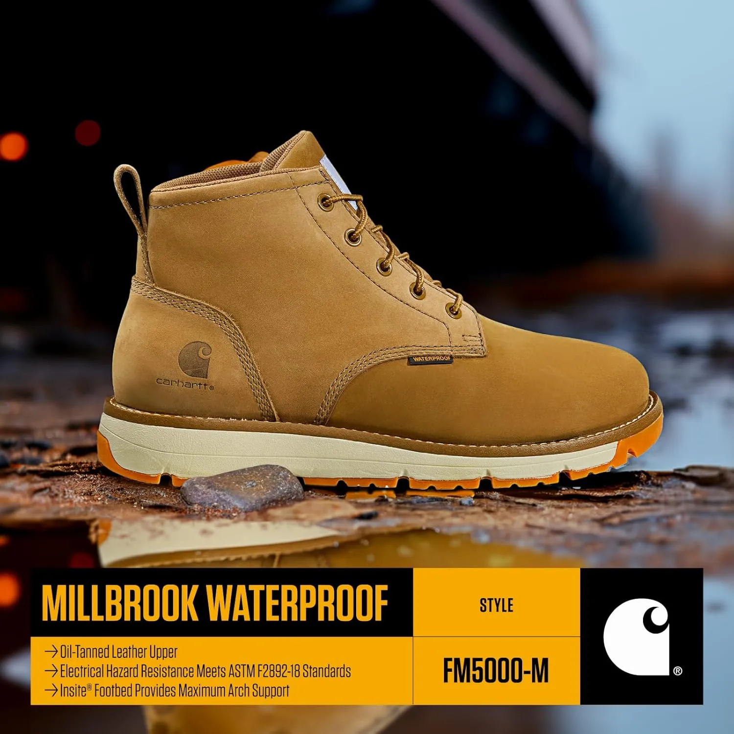 Carhartt Millbrook Waterproof Wedge Boot - Work Boots for Men, Slip & Electrical Hazard Resistant, with 5" Shaft, Breathable Membrane, and Lightweight EVA Midsole