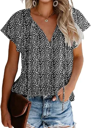 CERYIWER Women's Short Sleeve Casual Shirts Boho Floral Print V Neck Tops Loose Blouses
