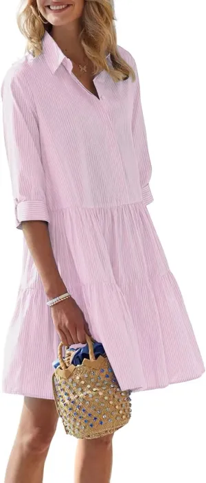 chouyatou Women's Striped Button Down Shirt Dress Loose Casual Cuffed Sleeve Tiered Mini Tunic Dress