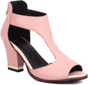 Chunky High Heels Sandals For Womens Peep Toe T-strap Cutout Back Zipper Comfy Dress Heeled Sandals