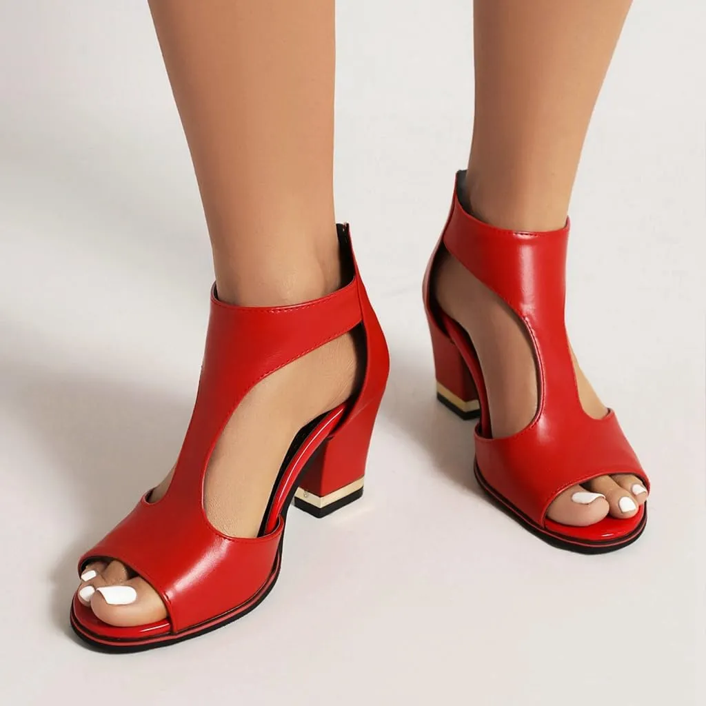 Chunky High Heels Sandals For Womens Peep Toe T-strap Cutout Back Zipper Comfy Dress Heeled Sandals