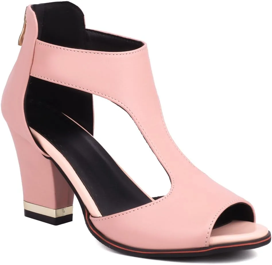 Chunky High Heels Sandals For Womens Peep Toe T-strap Cutout Back Zipper Comfy Dress Heeled Sandals