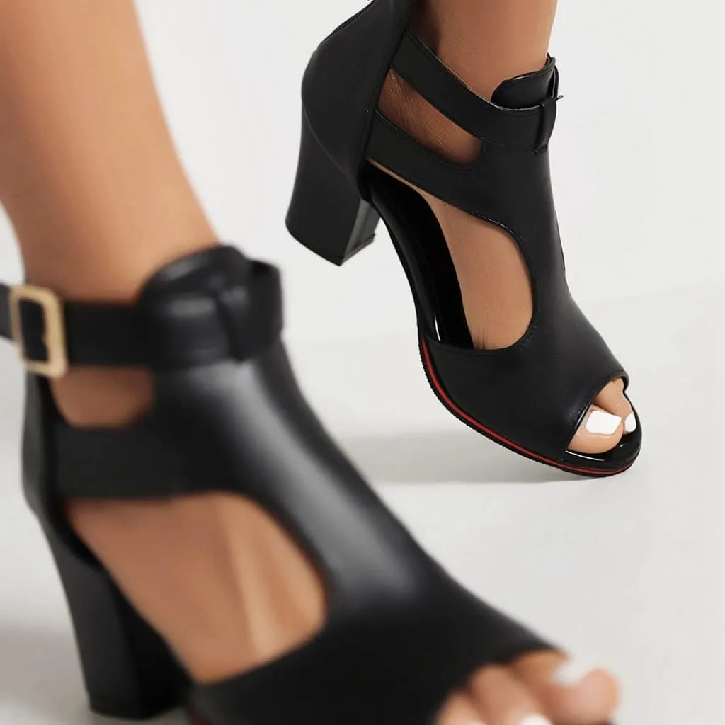 Chunky High Heels Sandals For Womens Peep Toe T-strap Cutout Back Zipper Comfy Dress Heeled Sandals