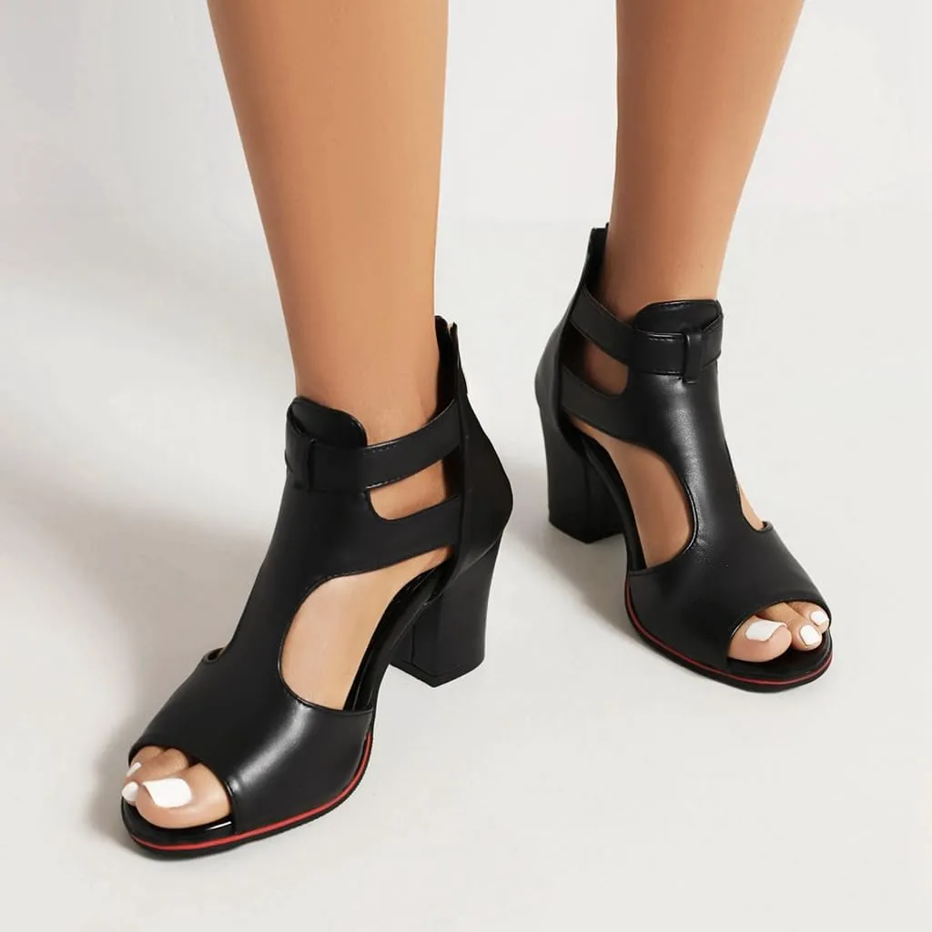 Chunky High Heels Sandals For Womens Peep Toe T-strap Cutout Back Zipper Comfy Dress Heeled Sandals