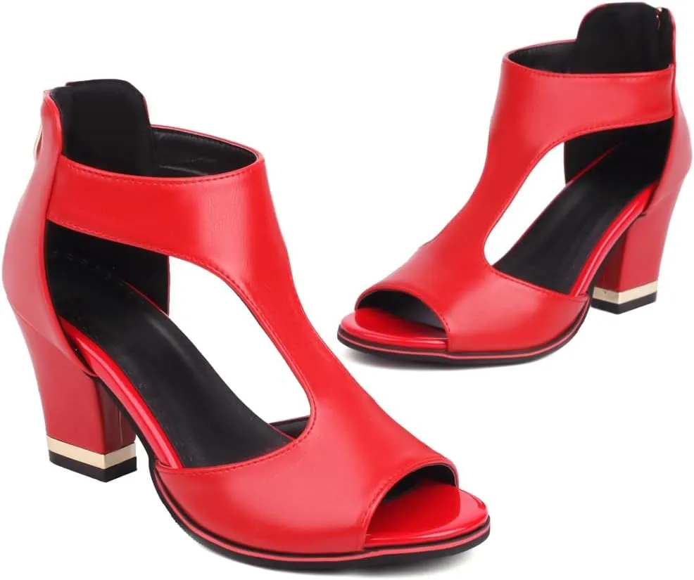 Chunky High Heels Sandals For Womens Peep Toe T-strap Cutout Back Zipper Comfy Dress Heeled Sandals