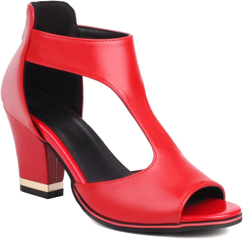 Chunky High Heels Sandals For Womens Peep Toe T-strap Cutout Back Zipper Comfy Dress Heeled Sandals