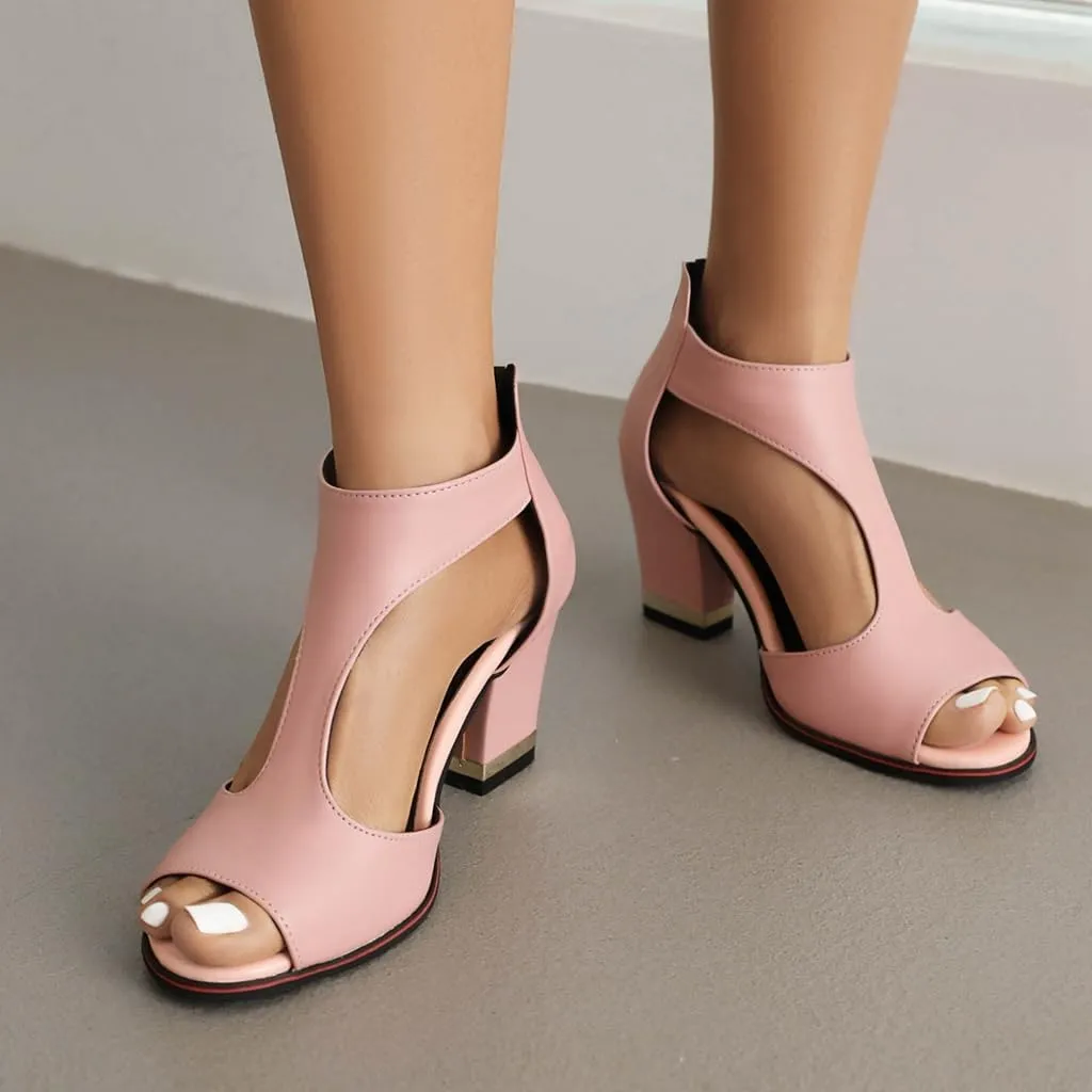 Chunky High Heels Sandals For Womens Peep Toe T-strap Cutout Back Zipper Comfy Dress Heeled Sandals