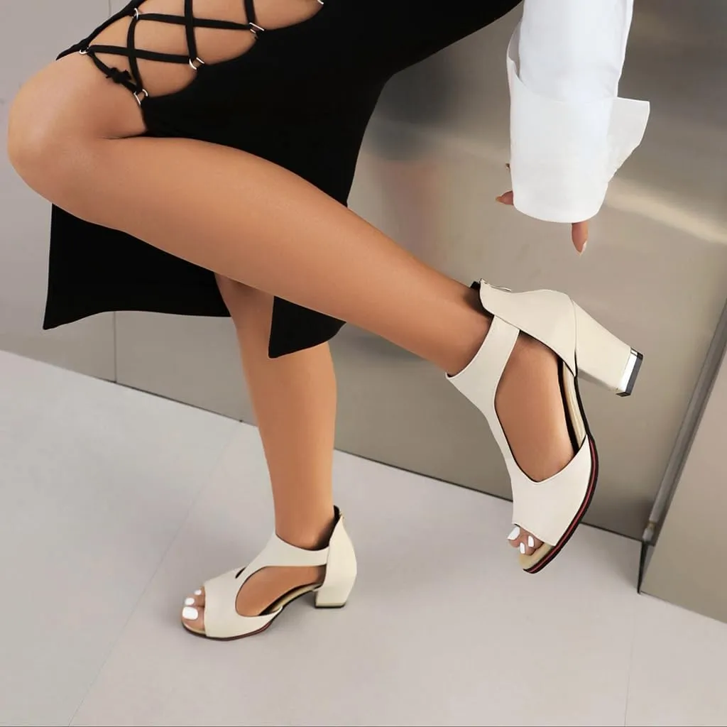 Chunky High Heels Sandals For Womens Peep Toe T-strap Cutout Back Zipper Comfy Dress Heeled Sandals