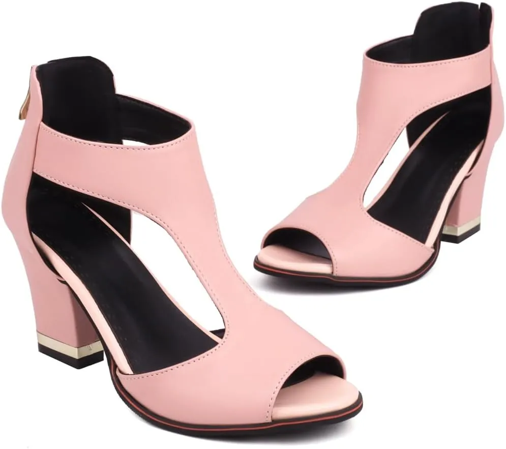 Chunky High Heels Sandals For Womens Peep Toe T-strap Cutout Back Zipper Comfy Dress Heeled Sandals