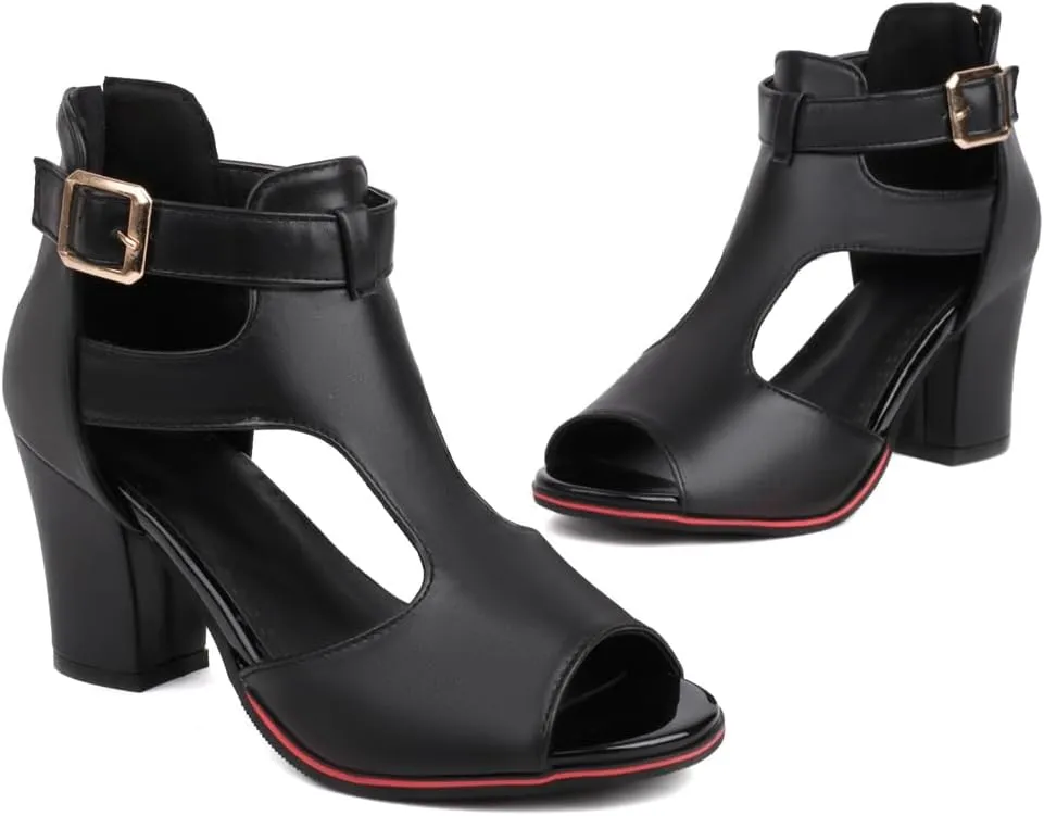 Chunky High Heels Sandals For Womens Peep Toe T-strap Cutout Back Zipper Comfy Dress Heeled Sandals