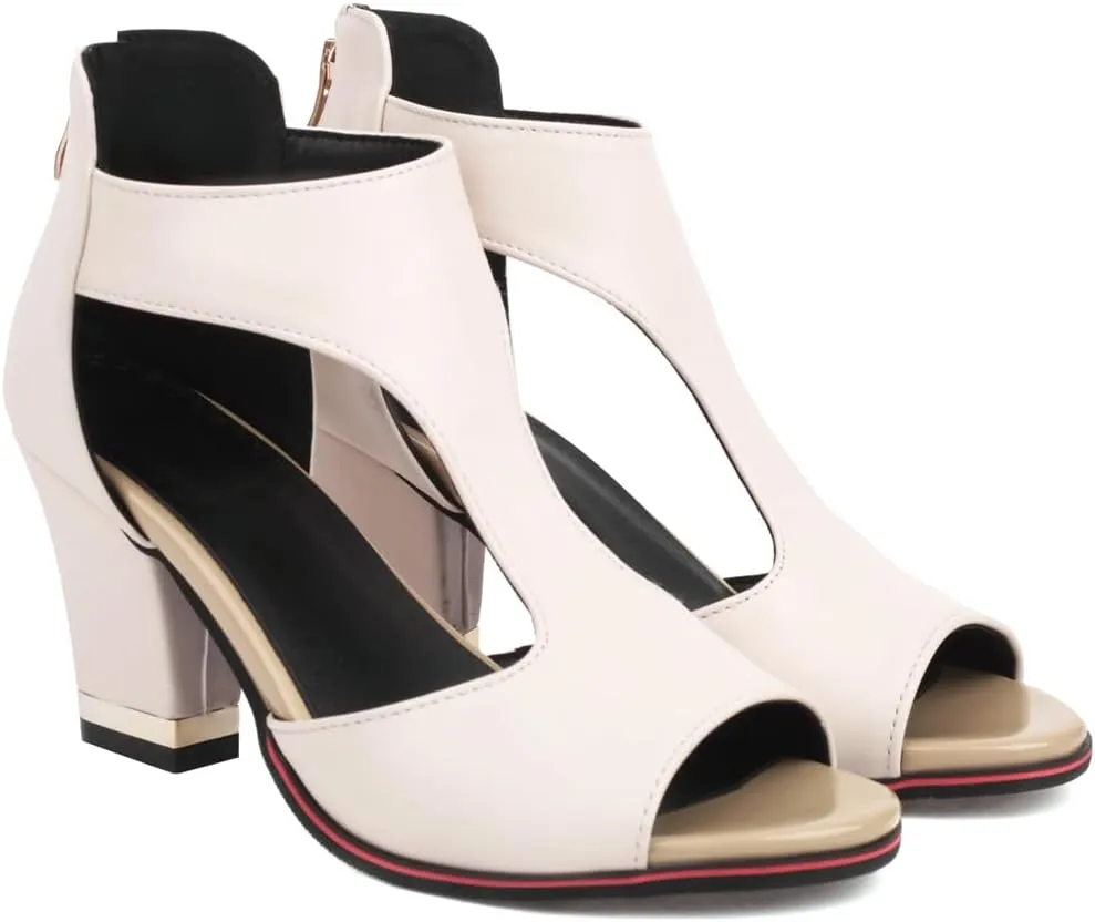 Chunky High Heels Sandals For Womens Peep Toe T-strap Cutout Back Zipper Comfy Dress Heeled Sandals
