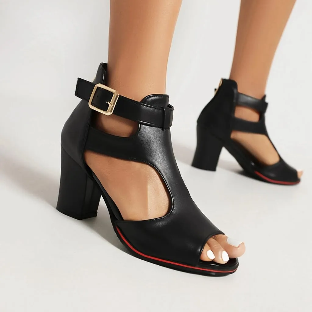 Chunky High Heels Sandals For Womens Peep Toe T-strap Cutout Back Zipper Comfy Dress Heeled Sandals