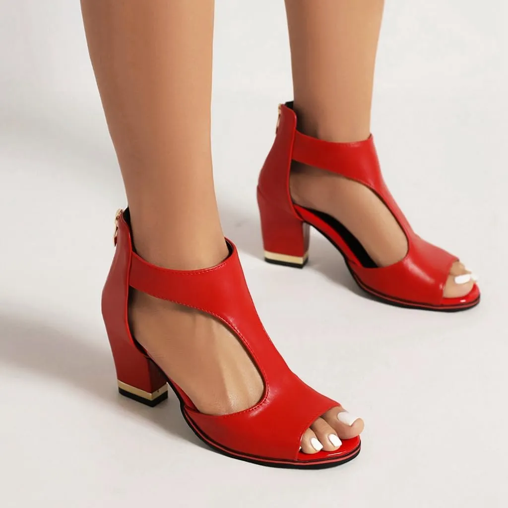 Chunky High Heels Sandals For Womens Peep Toe T-strap Cutout Back Zipper Comfy Dress Heeled Sandals