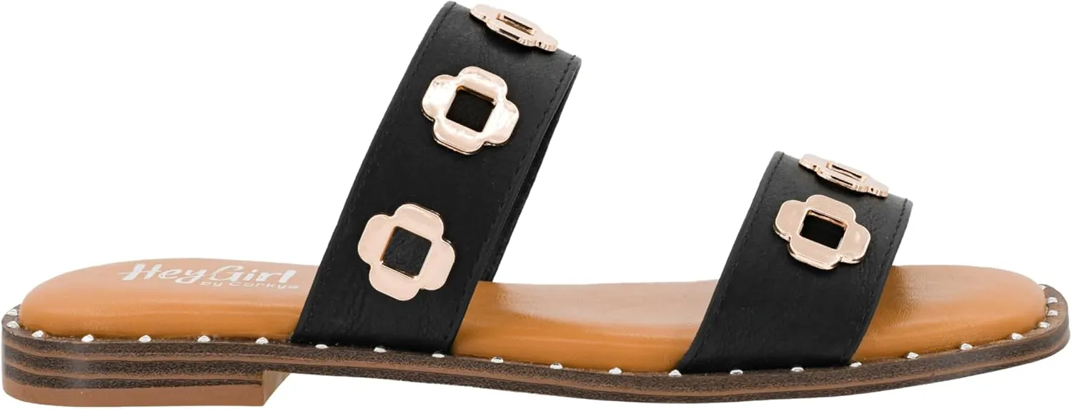 Corkys Footwear Low Tide Double Strap Sandal - Featuring Two Metal-Accented Straps, A Cushioned Insole, Studded Outsole, Easy and Convenient Slip-On design