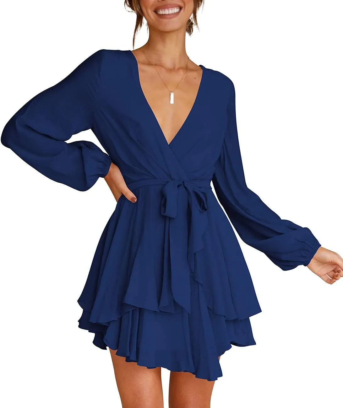 Cosonsen Women's Dress Deep V-Neck Long Sleeve Waist Tie Ruffle Mini Swing Skater Dresses