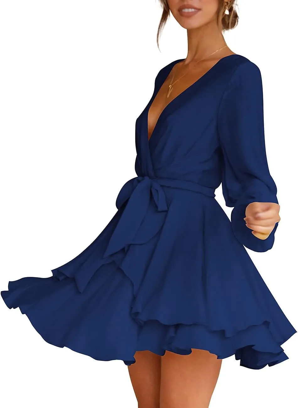 Cosonsen Women's Dress Deep V-Neck Long Sleeve Waist Tie Ruffle Mini Swing Skater Dresses