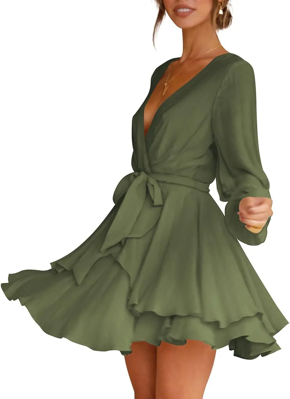 Cosonsen Women's Dress Deep V-Neck Long Sleeve Waist Tie Ruffle Mini Swing Skater Dresses