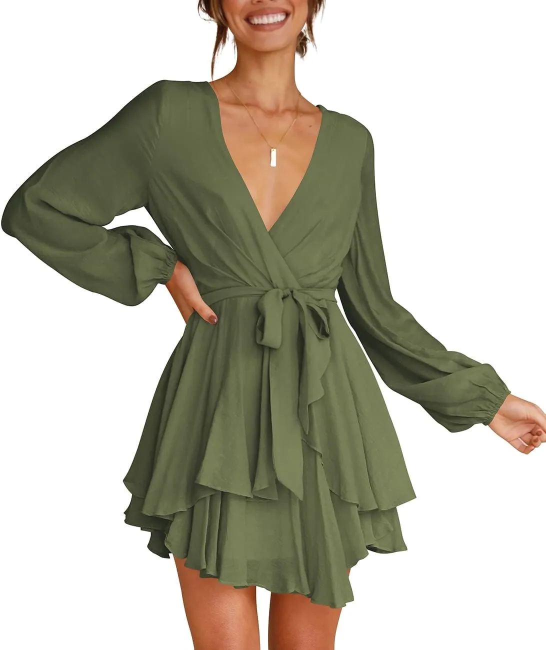 Cosonsen Women's Dress Deep V-Neck Long Sleeve Waist Tie Ruffle Mini Swing Skater Dresses