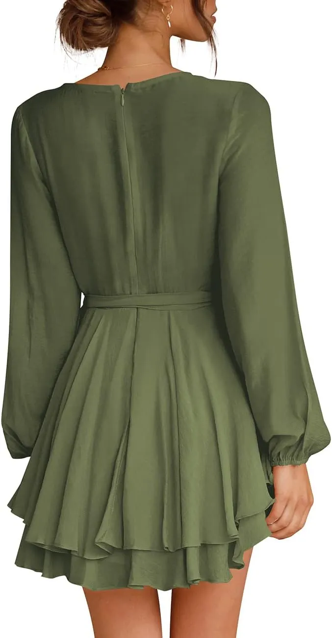 Cosonsen Women's Dress Deep V-Neck Long Sleeve Waist Tie Ruffle Mini Swing Skater Dresses