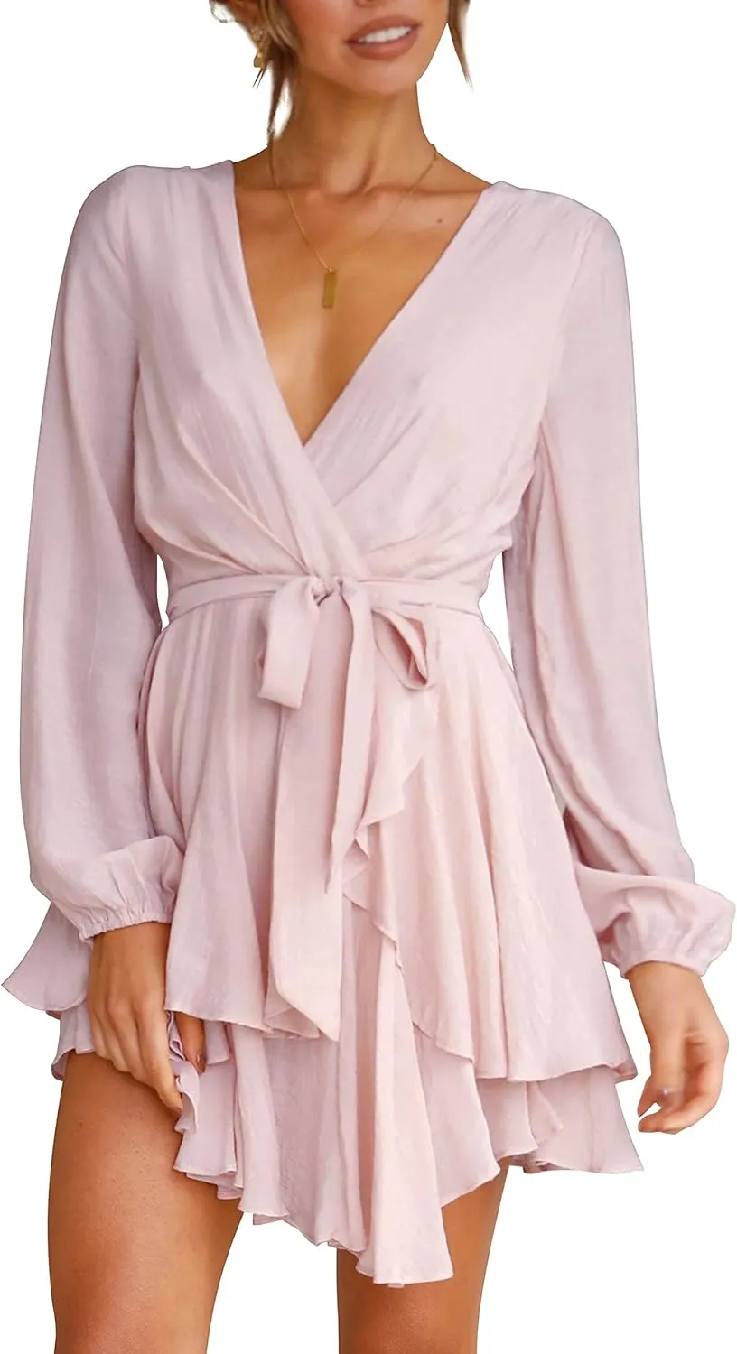 Cosonsen Women's Dress Deep V-Neck Long Sleeve Waist Tie Ruffle Mini Swing Skater Dresses
