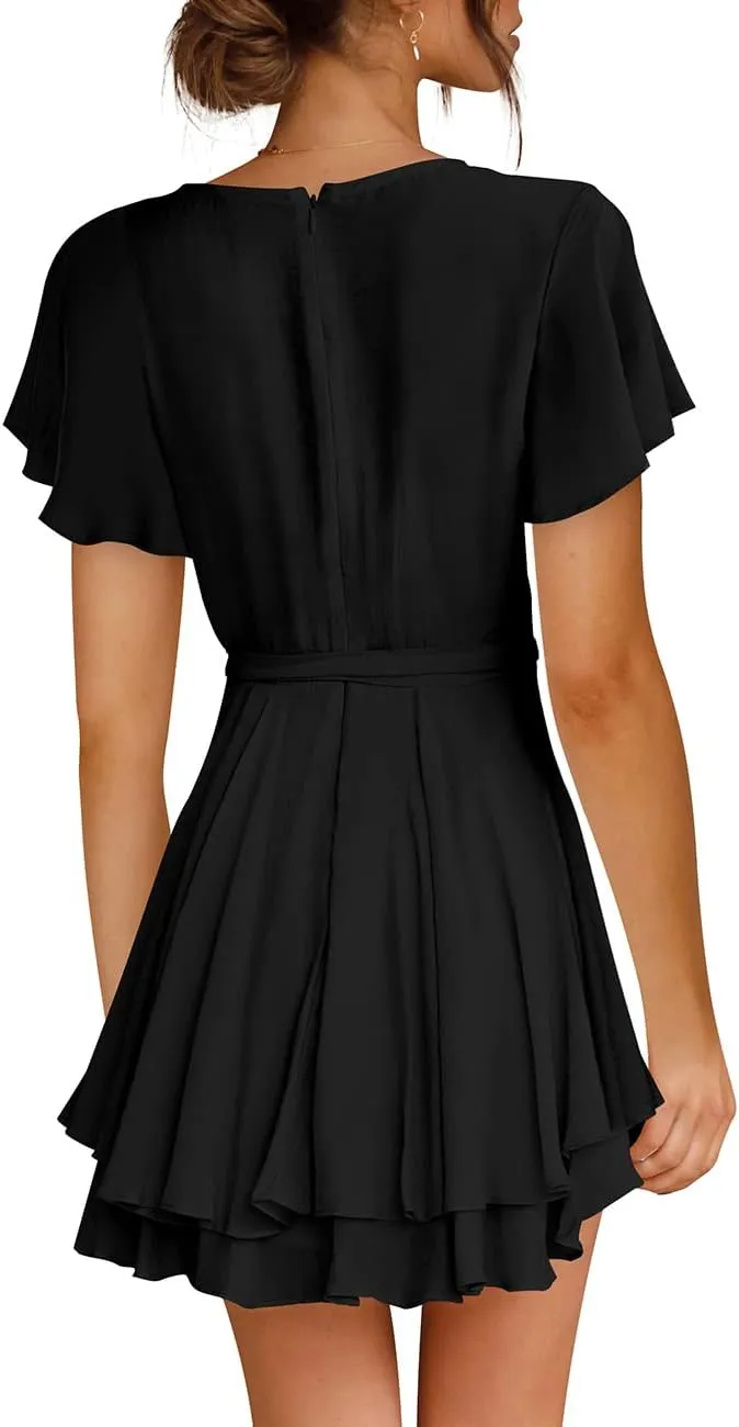 Cosonsen Women's Dress Deep V-Neck Long Sleeve Waist Tie Ruffle Mini Swing Skater Dresses