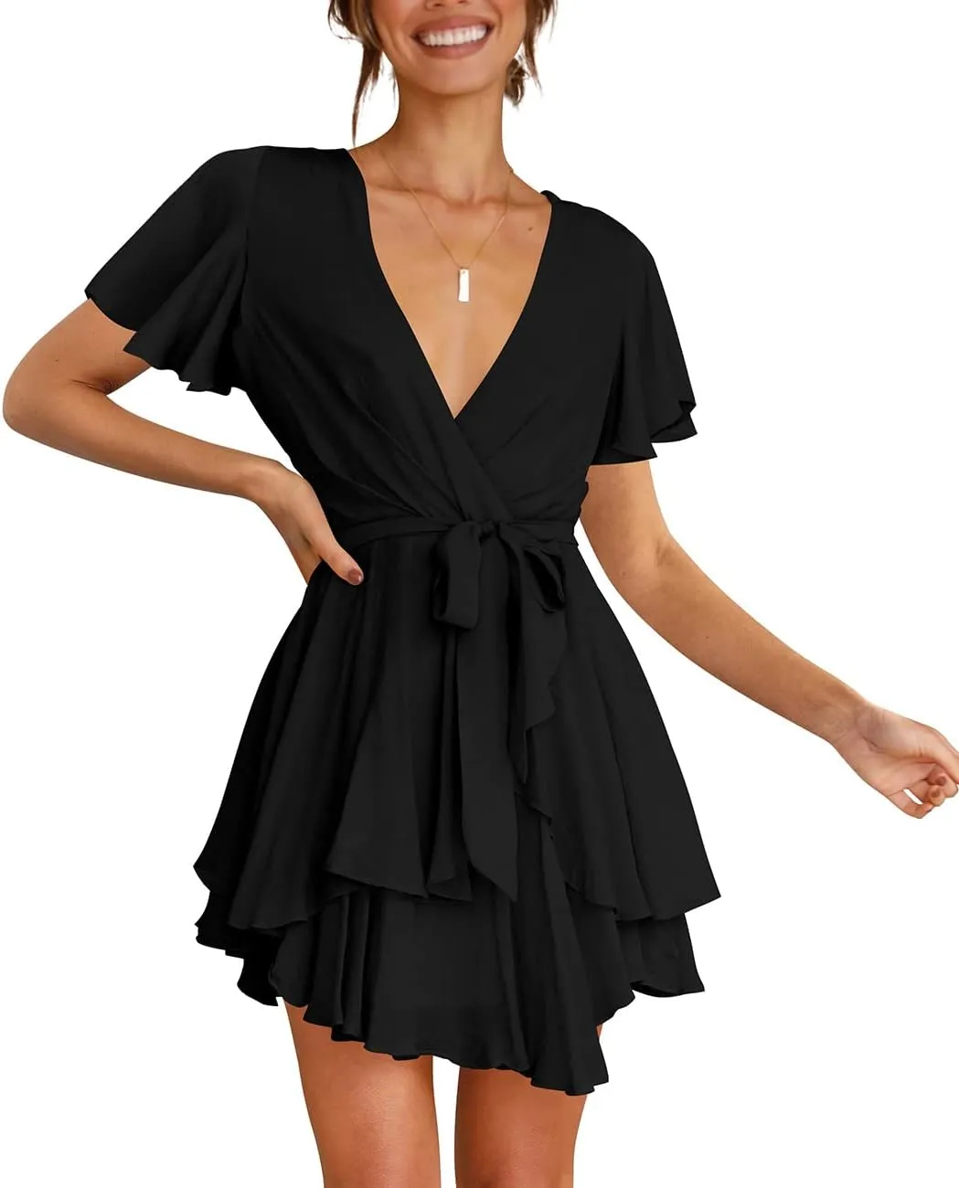 Cosonsen Women's Dress Deep V-Neck Long Sleeve Waist Tie Ruffle Mini Swing Skater Dresses