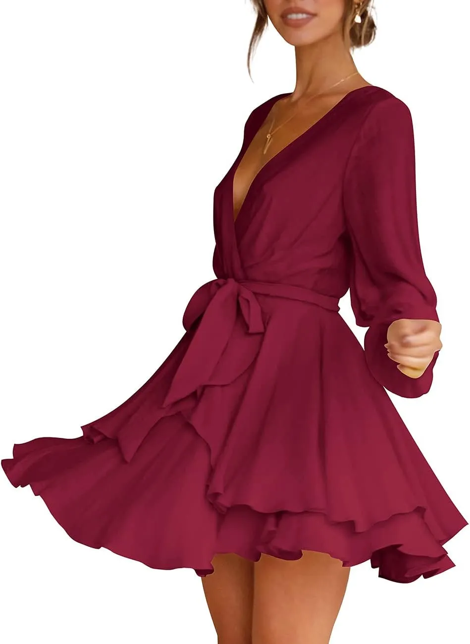 Cosonsen Women's Dress Deep V-Neck Long Sleeve Waist Tie Ruffle Mini Swing Skater Dresses