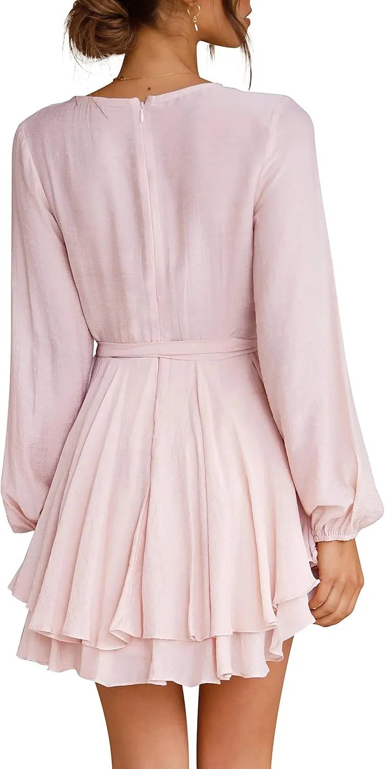 Cosonsen Women's Dress Deep V-Neck Long Sleeve Waist Tie Ruffle Mini Swing Skater Dresses