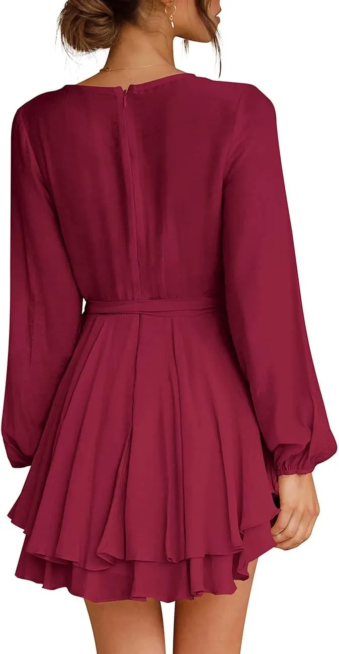 Cosonsen Women's Dress Deep V-Neck Long Sleeve Waist Tie Ruffle Mini Swing Skater Dresses