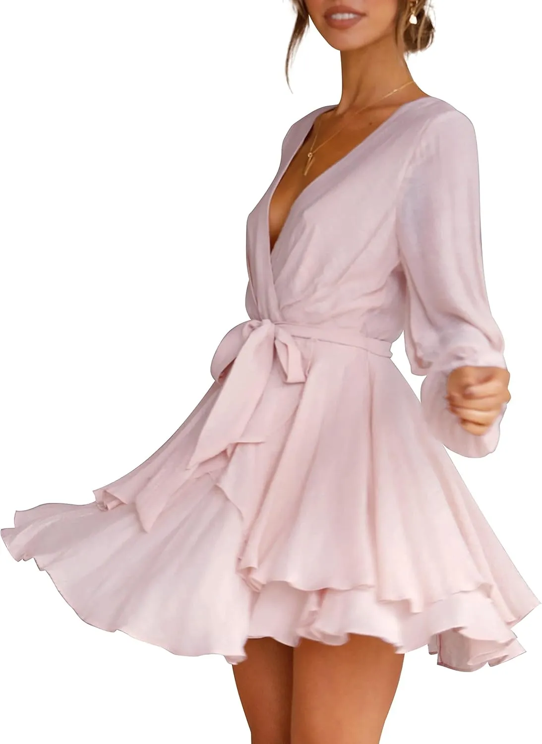 Cosonsen Women's Dress Deep V-Neck Long Sleeve Waist Tie Ruffle Mini Swing Skater Dresses