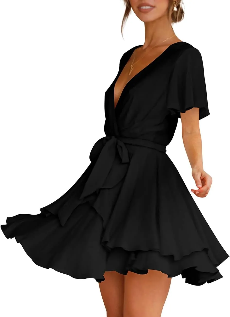 Cosonsen Women's Dress Deep V-Neck Long Sleeve Waist Tie Ruffle Mini Swing Skater Dresses