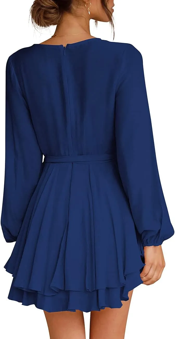 Cosonsen Women's Dress Deep V-Neck Long Sleeve Waist Tie Ruffle Mini Swing Skater Dresses