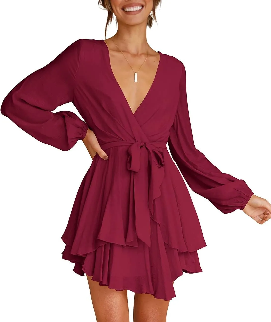 Cosonsen Women's Dress Deep V-Neck Long Sleeve Waist Tie Ruffle Mini Swing Skater Dresses