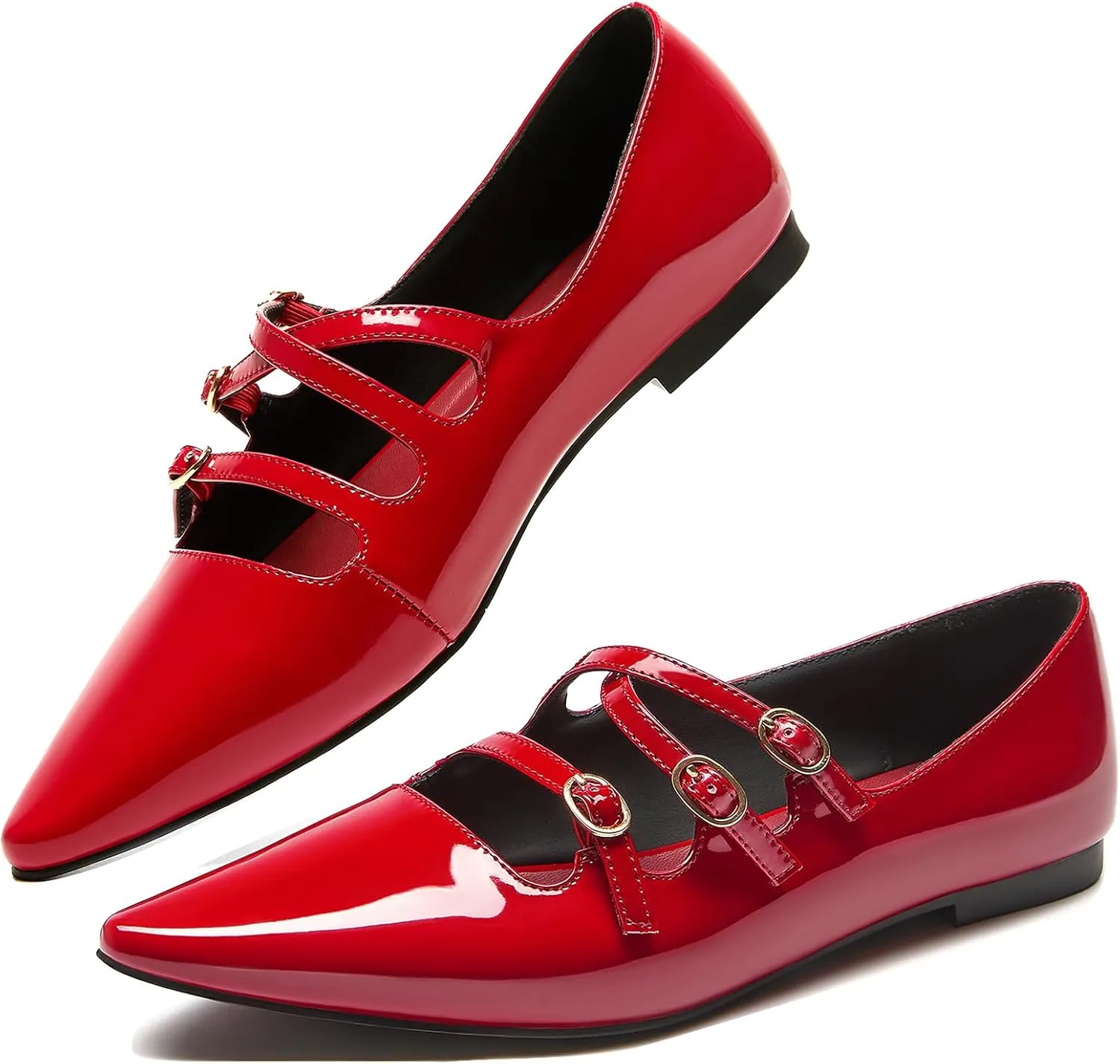 CouieCuies Women's Mary Jane Flats Ballet Shoes with Buckle Dressy Comfortable Mary Janes Pointed Toe Flats Adjustable Strap Leather