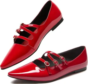 CouieCuies Women's Mary Jane Flats Ballet Shoes with Buckle Dressy Comfortable Mary Janes Pointed Toe Flats Adjustable Strap Leather