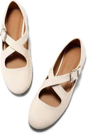 Coutgo Women's Ballet Flats Comfortable Closed Round Toe Criss Cross Ankle Strap Dress Dance Flat Shoes