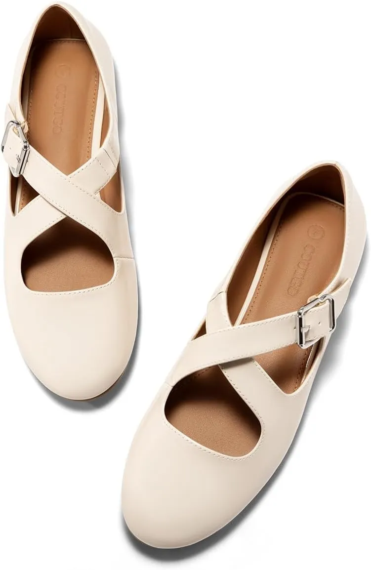 Coutgo Women's Ballet Flats Comfortable Closed Round Toe Criss Cross Ankle Strap Dress Dance Flat Shoes