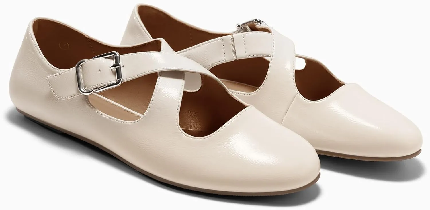 Coutgo Women's Ballet Flats Comfortable Closed Round Toe Criss Cross Ankle Strap Dress Dance Flat Shoes