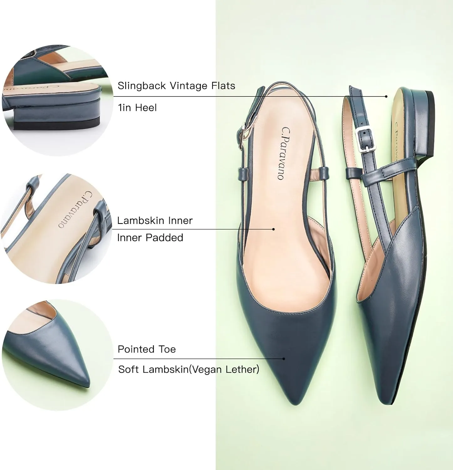C.Paravano Women's Slingback Flats Pointed Toe Slingback Flats for Women Slingback Sandals Adjustable Ankle Strap Shoes