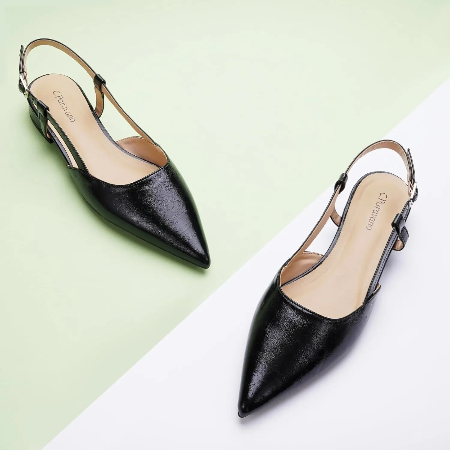 C.Paravano Women's Slingback Flats Pointed Toe Slingback Flats for Women Slingback Sandals Adjustable Ankle Strap Shoes
