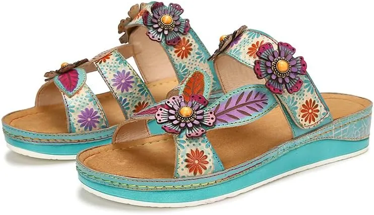 CrazycatZ Leather Sandals,Women Leather Bohemian Colorful Floral Leather Sandals