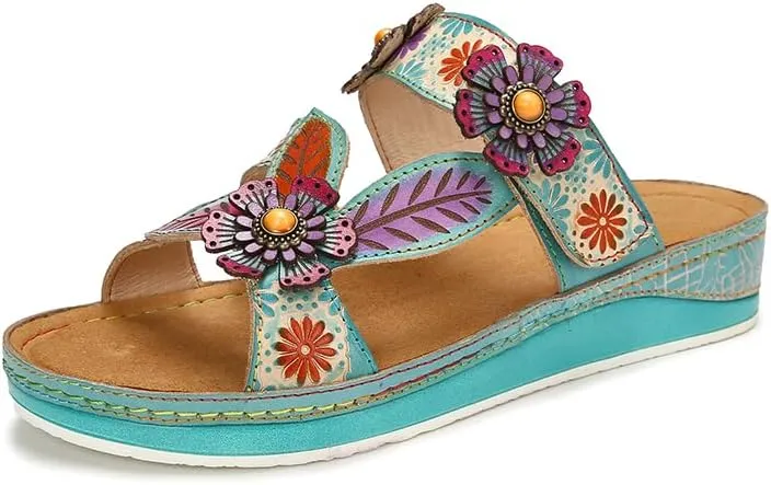 CrazycatZ Leather Sandals,Women Leather Bohemian Colorful Floral Leather Sandals