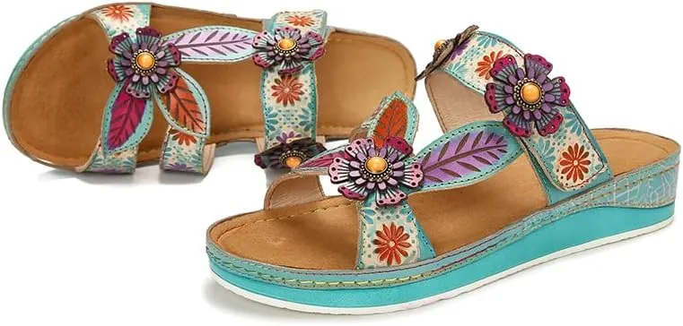 CrazycatZ Leather Sandals,Women Leather Bohemian Colorful Floral Leather Sandals