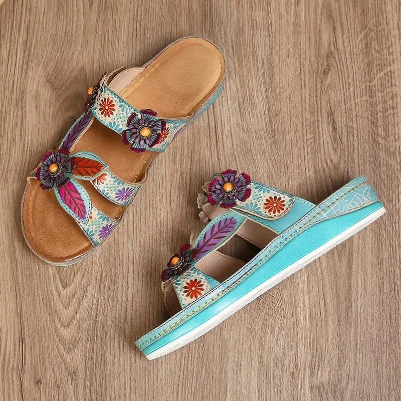 CrazycatZ Leather Sandals,Women Leather Bohemian Colorful Floral Leather Sandals