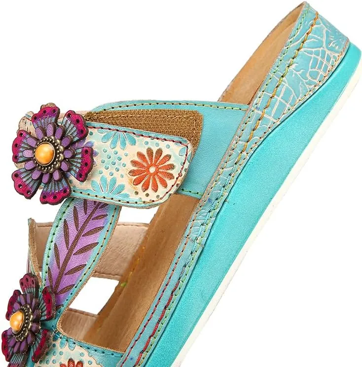 CrazycatZ Leather Sandals,Women Leather Bohemian Colorful Floral Leather Sandals