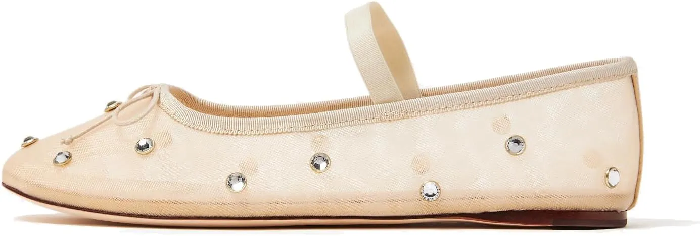 Crystal Mesh Ballet Flats for Women Stretch Band Snip Toe Ballerinas Flats Rhinestone Sparkly Mary Jane Flat Shoes